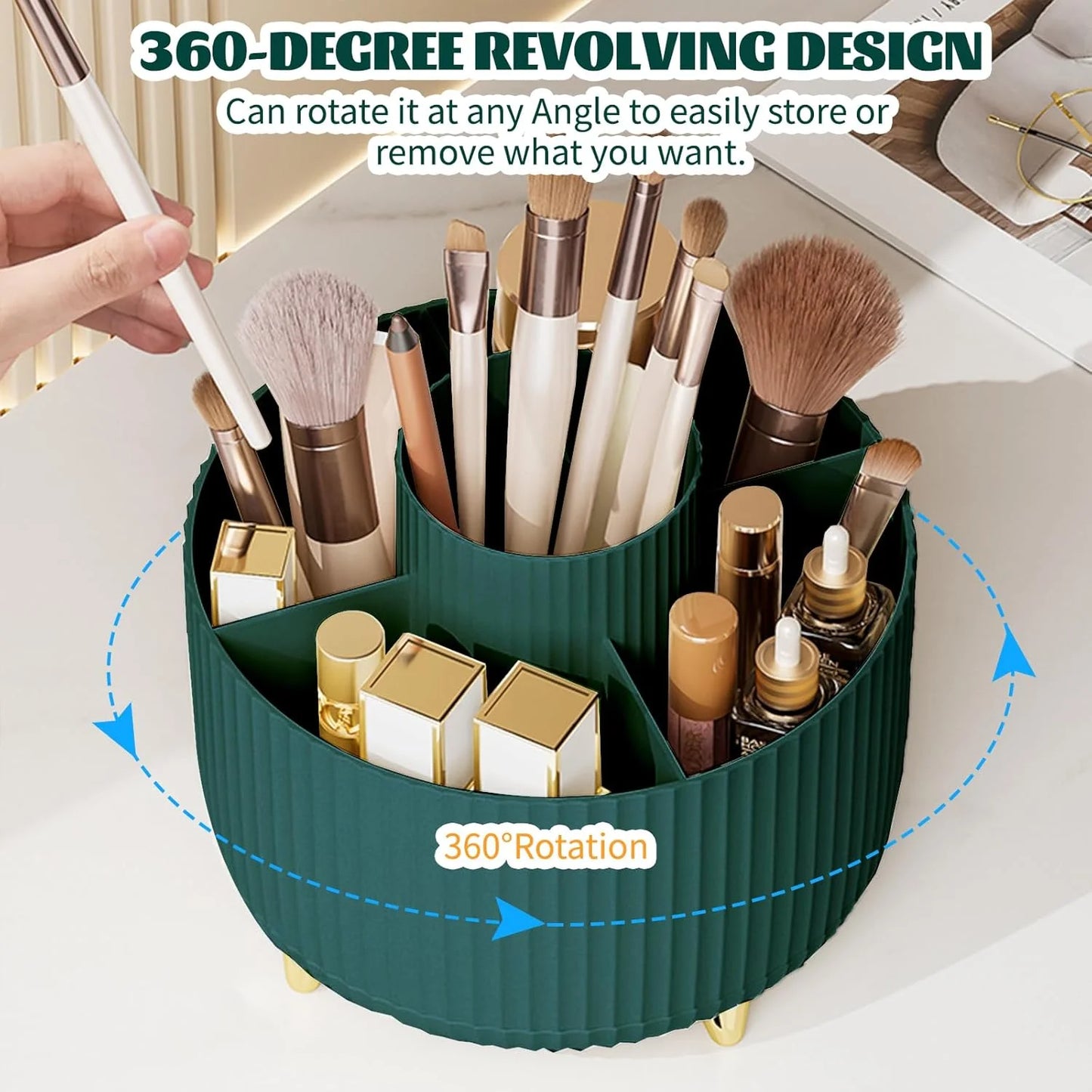 5 Slot 360° Rotating Makeup Brushes Holder Organizer Multi-Functional Desk Storage Cosmetics Storage for Vanity Desktop Bathroom