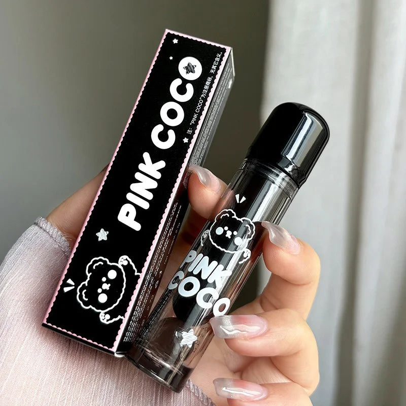 PINKCOCO Bear Doodle Mirror Lip Glaze — Long-Lasting Shiny Lip Gloss, Student-Friendly, Skin-Brightening Nude Lipstick