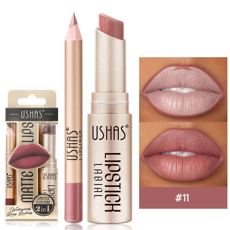 USHAS 12 Color Lip Liner + LIPSTICK Set Easy Coloring Matte Lipstick Long lasting nude red lipstick