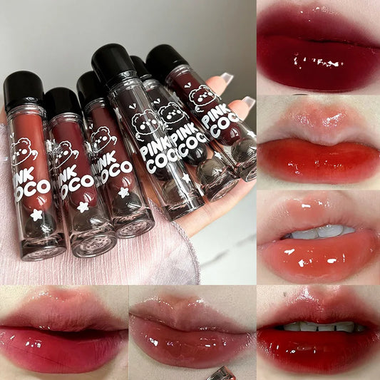 PINKCOCO Bear Doodle Mirror Lip Glaze — Long-Lasting Shiny Lip Gloss, Student-Friendly, Skin-Brightening Nude Lipstick