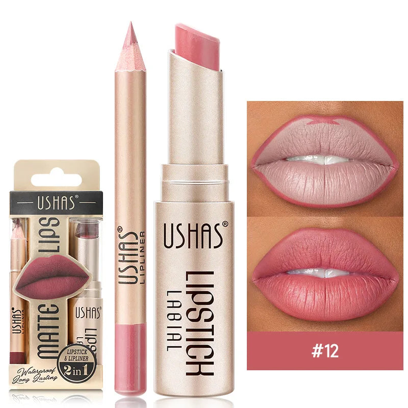 USHAS 12 Color Lip Liner + LIPSTICK Set Easy Coloring Matte Lipstick Long lasting nude red lipstick