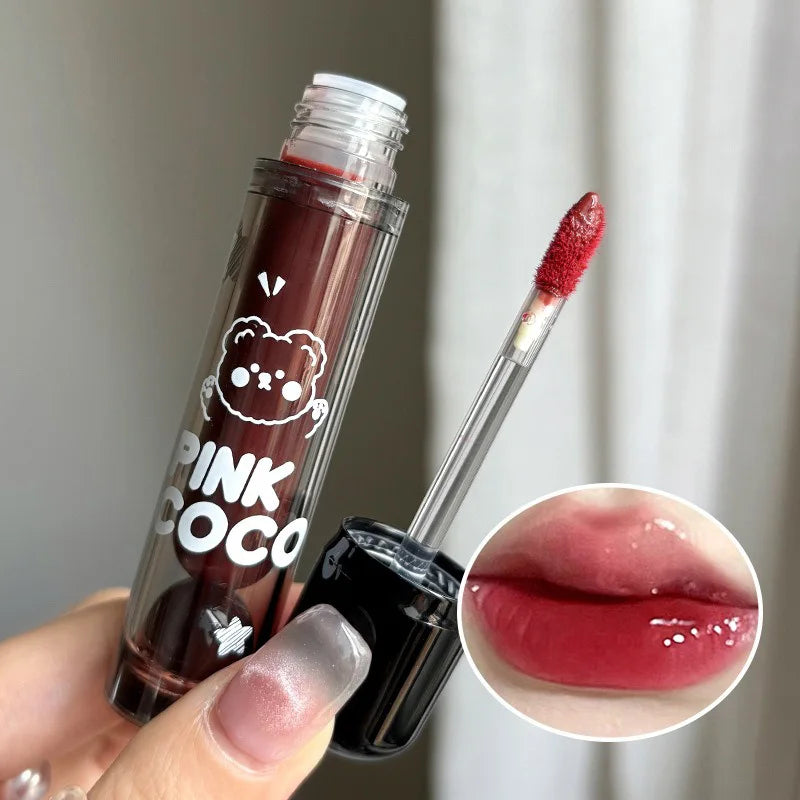 PINKCOCO Bear Doodle Mirror Lip Glaze — Long-Lasting Shiny Lip Gloss, Student-Friendly, Skin-Brightening Nude Lipstick