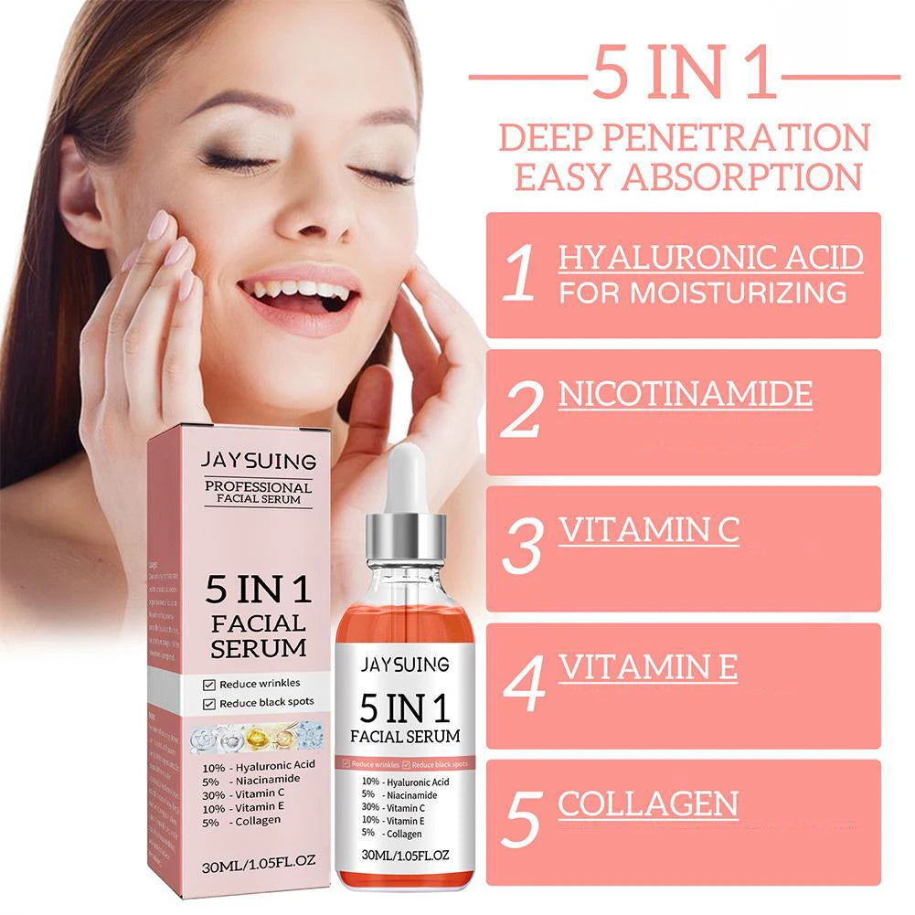 5 In 1 Fade fine lines Firming Face Serum Moisturizing brightning Vitamin C Hyaluronic Acid Facial Serum Shrink Pores Skin Care