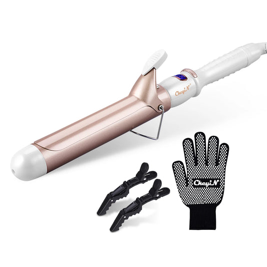 Automatic curling iron, one black heat resistant glove and a pair or clipc