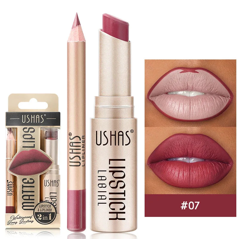 USHAS 12 Color Lip Liner + LIPSTICK Set Easy Coloring Matte Lipstick Long lasting nude red lipstick